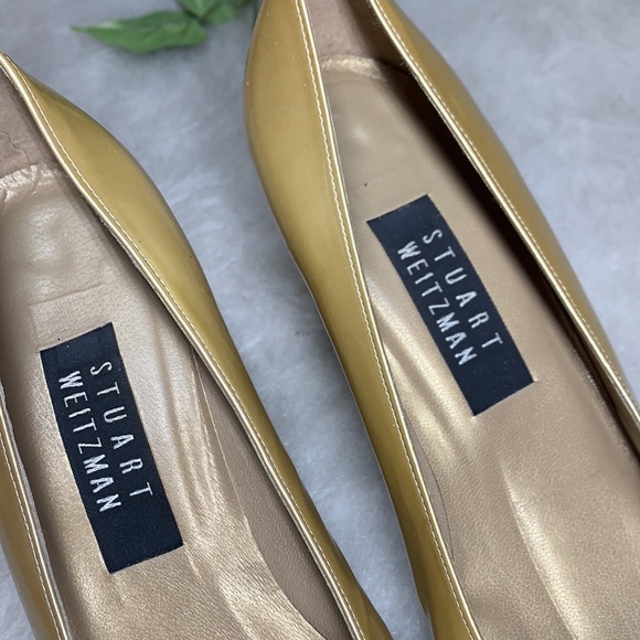 STUART WEITZMAN Gold Leather Square Toe Pump Heels - Picture 10 of 11